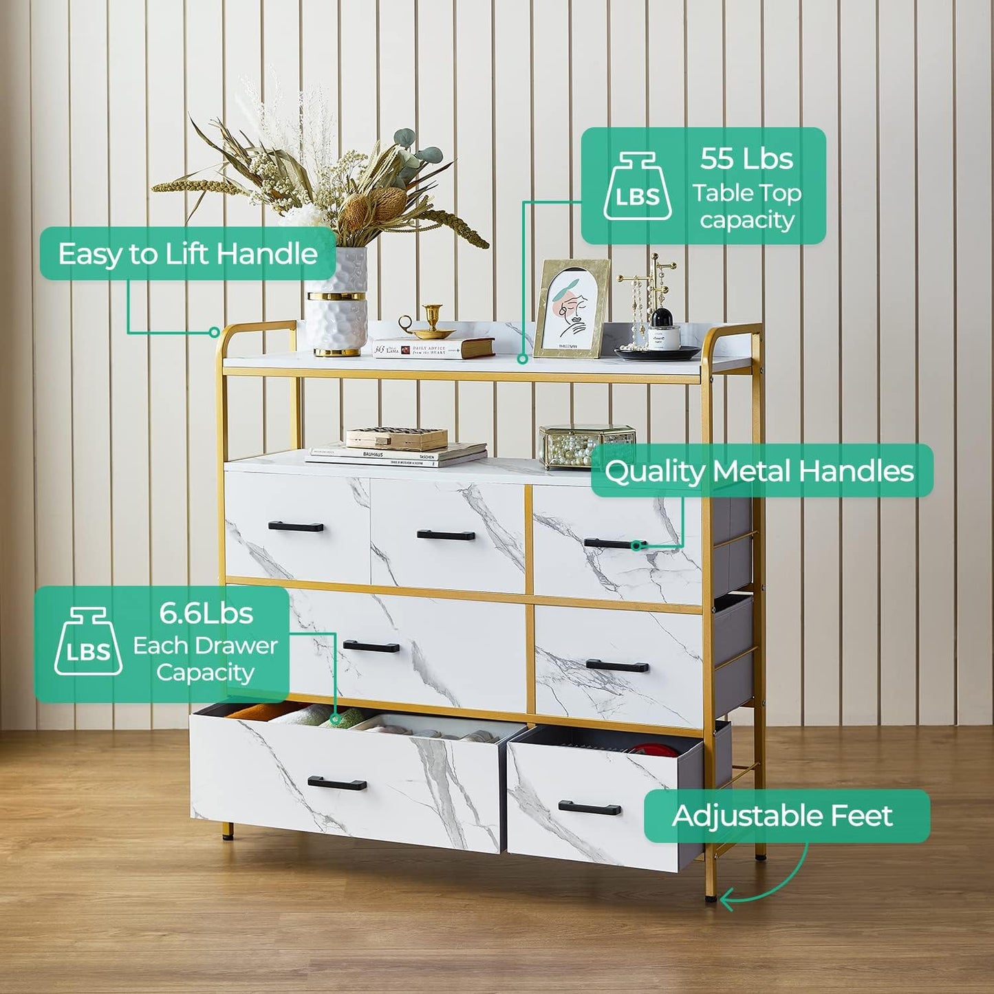 White Dresser with 7 Drawers and Double Shelf for Bedroom U12723