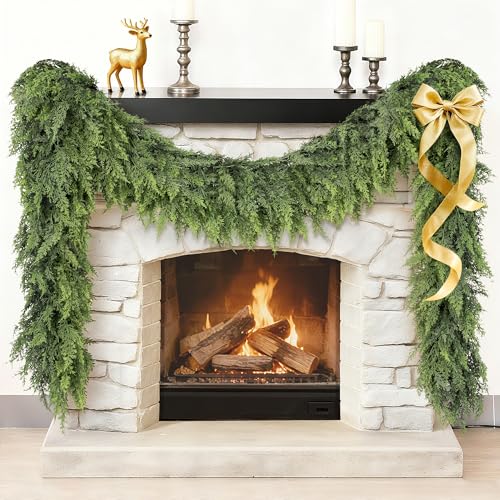 Christmas Garland Real Touch Cedar Garland Christmas Decorations 9 ft Soft and Lush Realistic Faux Pine Garlands for Mantle, Table, Stairs, Doorframe, Fireplace Indoor Outdoor Holiday Decorations