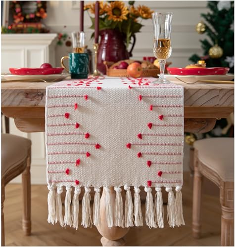 Christmas Table Runner 13 x 90 Inch Natural Cotton Woven with Tassels, Red and Beige U800