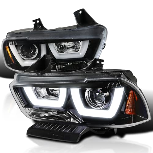 SPEC-D TUNING Chrome LED Dual Halo Projector Headlights Compatible with 2011-2014 Dodge Charger, Left + Right Pair Headlamps Assembly