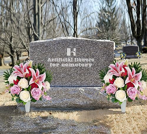 Artificial Cemetery Flowers for Grave Vase, Silk Lily and Rose Arrangement H368