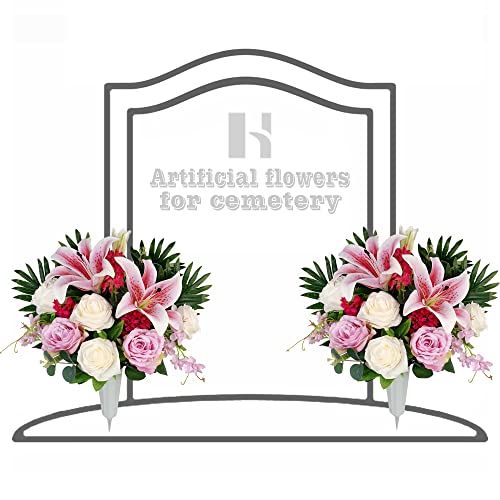 Artificial Cemetery Flowers for Grave Vase, Silk Lily and Rose Arrangement H368