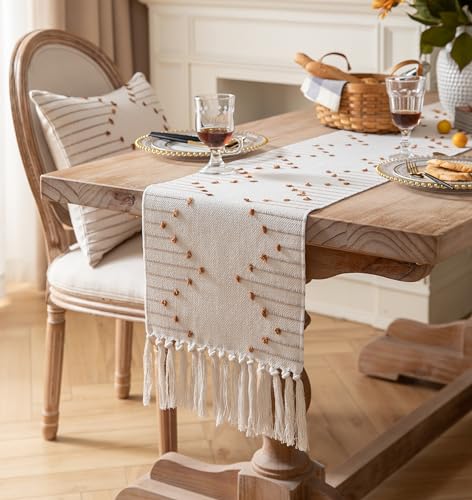 Christmas Table Runner 13 x 90 Inch Natural Cotton Woven with Tassels, Red and Beige U800