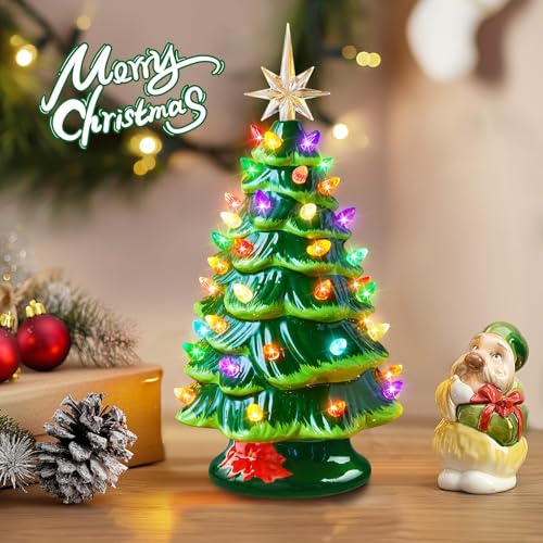 Ceramic Christmas Tree, Pre-lit Tabletop with Multicolored LED Lights, Battery Operated G1053