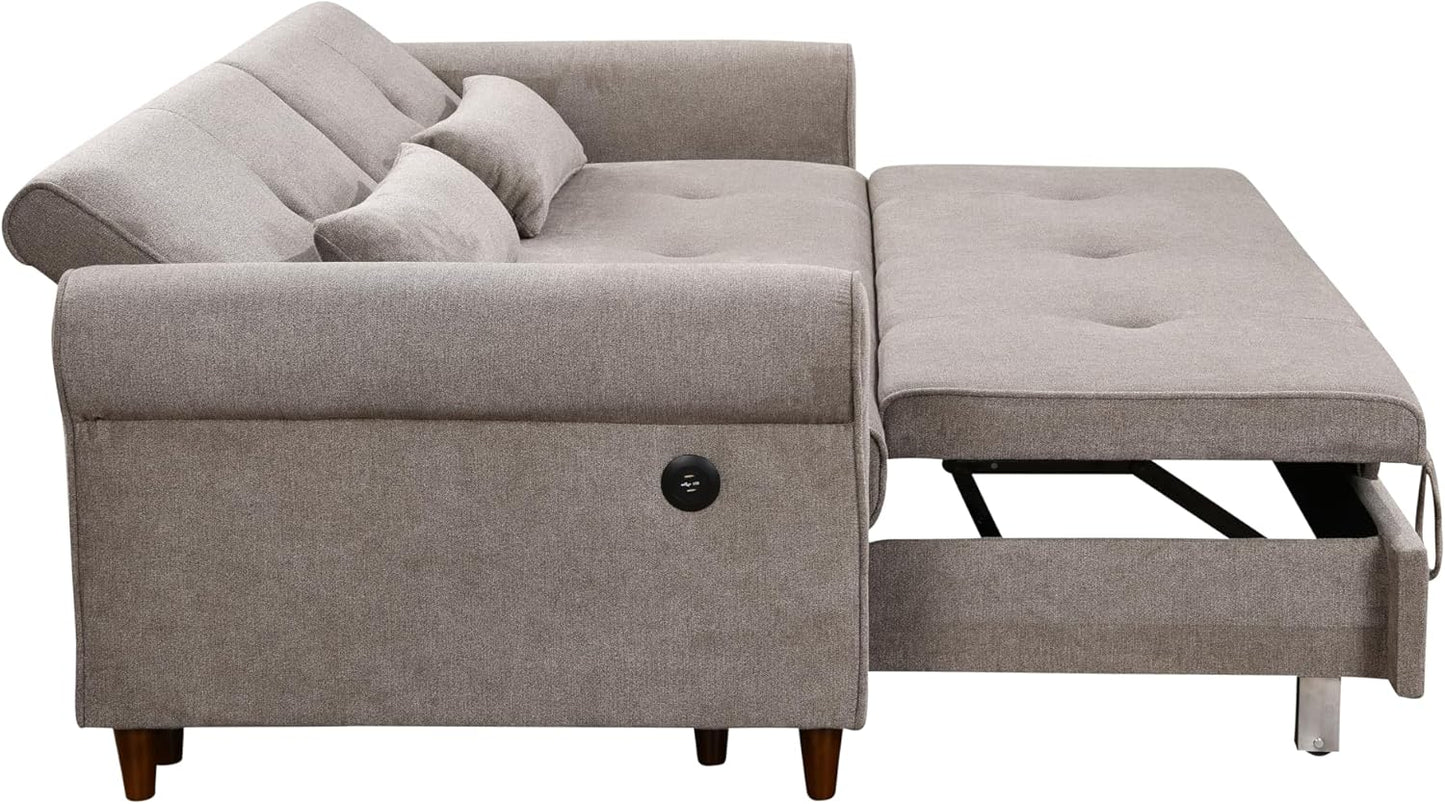 3 in 1 Convertible Sleeper Sofa Bed with Pullout Bed, 2 Pillows, USB Port, Brown J8526