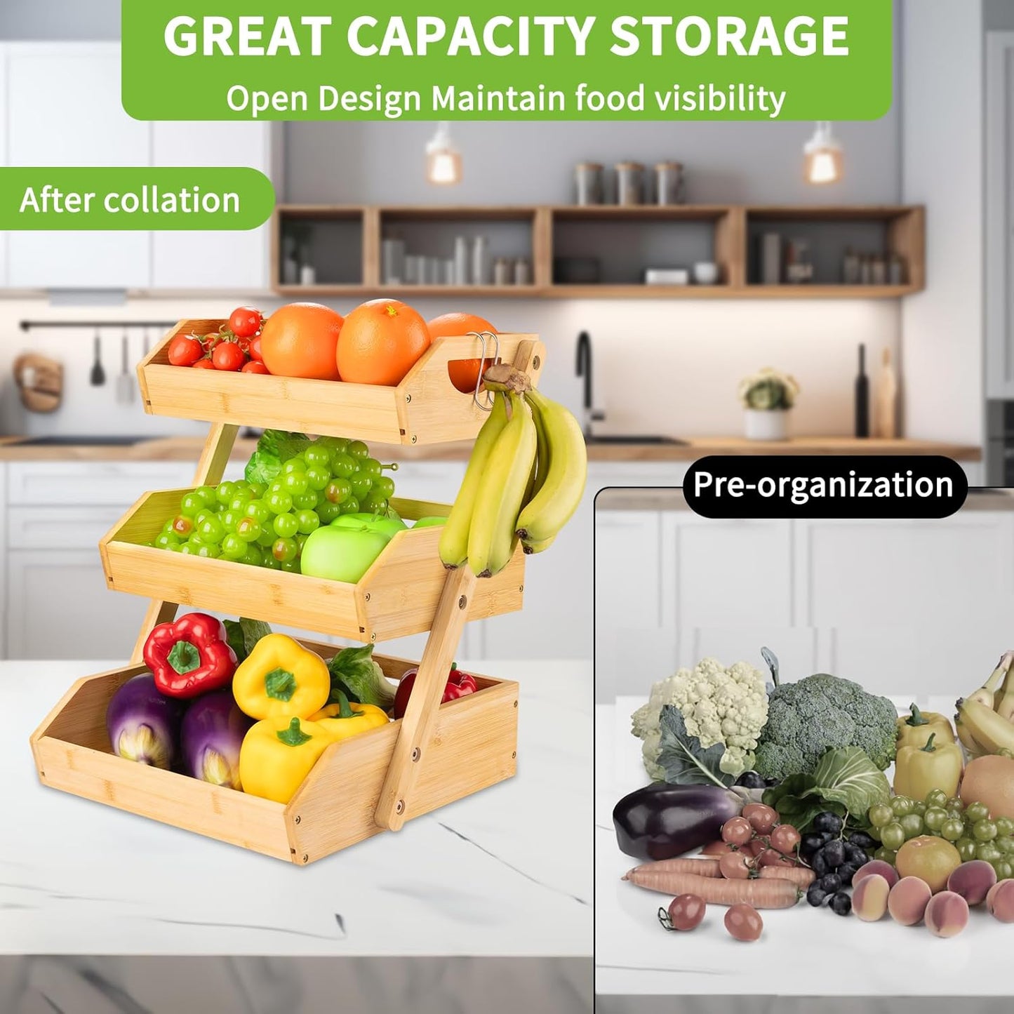 Bamboo 3-Tier Fruit Basket with Banana Hook X626
