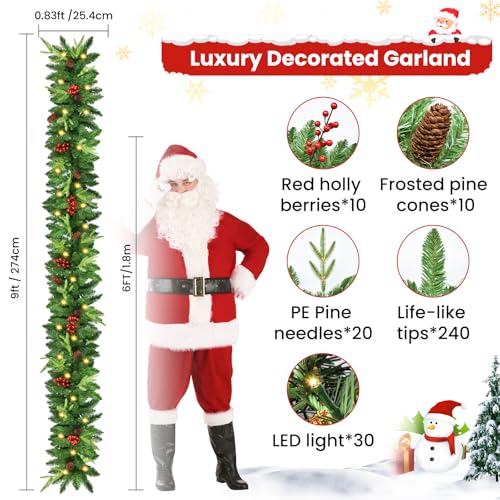 9ft Pre-Lit Christmas Garland with Pine Cones & Red Berries G88783