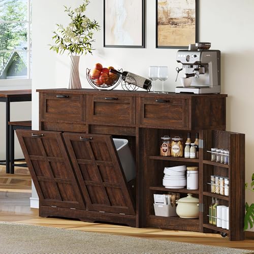 Tilt Out Trash Can Cabinet with Drawers, 20 Gallon, Brown Oak Z441687