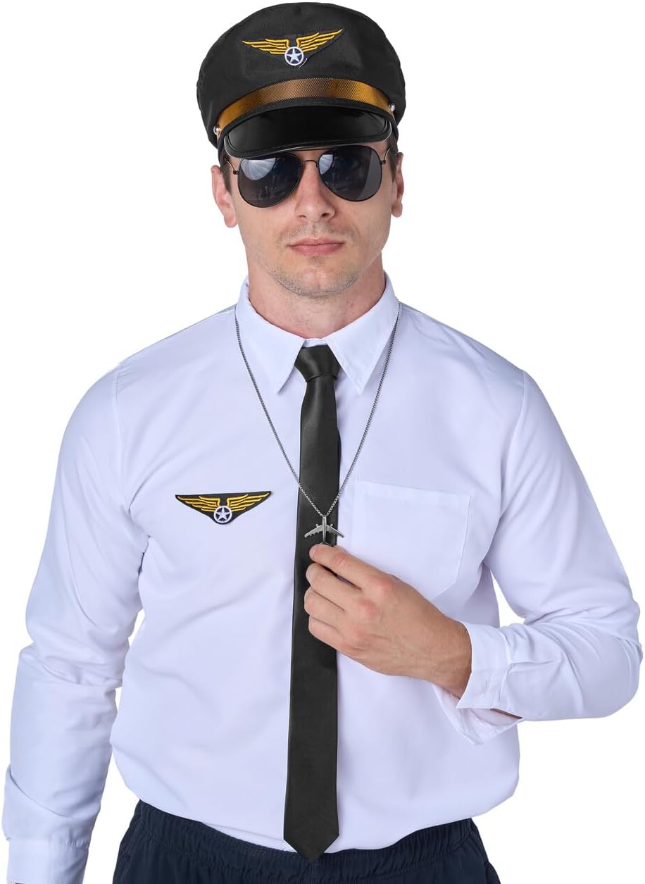 Airline Pilot Captain Costume Kit, 5 PCS Dress Up Accessory Set with Sunglasses, Tie, Hat, Wings Patch and Necklace J7882