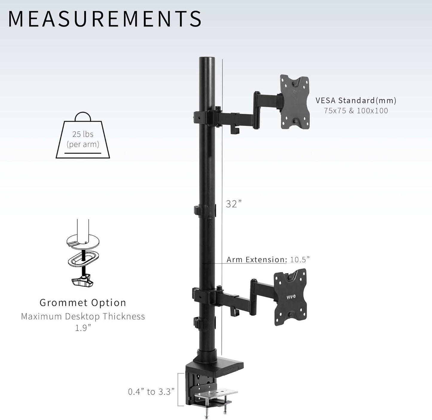 Dual Monitor Desk Mount with Extension Arms for Ultrawide Screens up to 43 inches Y318