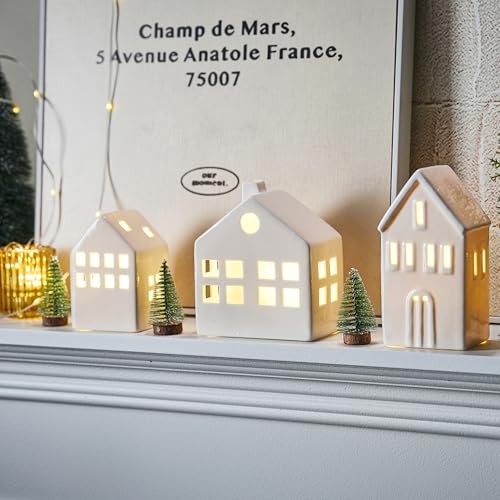 Ceramic Christmas Village Houses with LED Lights, 3 Pieces with Trees Y512
