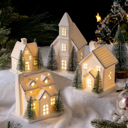 Ceramic Christmas Village Set with LED Light Up Houses and Trees R101786