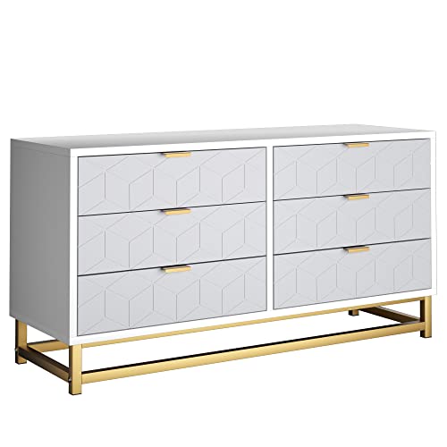 White 6 Drawer Dresser for Bedroom, Modern Wood Chest with Metal Legs J134