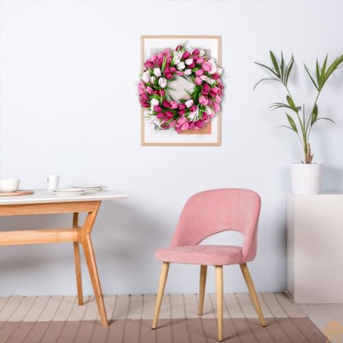 20 Inch Tulip Wreath with Green Leaves for Front Door Spring Summer Decor U547