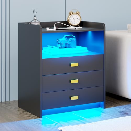 Nightstand with Charging Station, LED Night Stand, End Side Table with 3 Drawers, White P25230