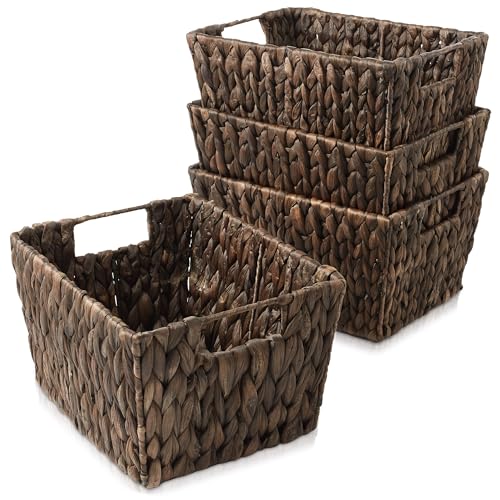 Casafield Set of 4 Water Hyacinth Storage Baskets with Handles - Natural, Woven Rectangular Storage Bins for Shelves, Blankets, Laundry Organization
