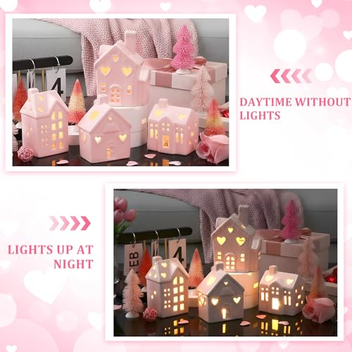 12 Pcs Pink Christmas Ceramic Village Decorations with Lighted Houses and Mini Pine Trees Y816