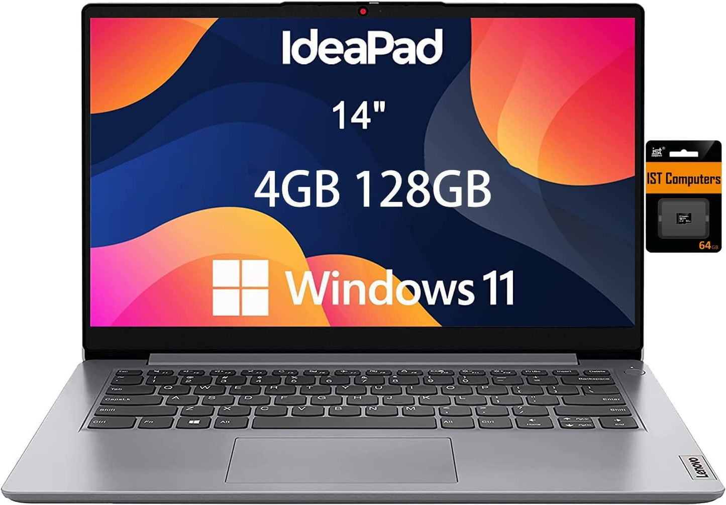 Lenovo Ideapad 1i Laptop (14" HD Anti-glare, Intel Celeron N4020, 4GB RAM, 128GB Storage (64GB eMMC + 64GB SD Card)) School, Kids & Education Laptop, Webcam, Wi-Fi 6, Type-C, Win 11 Home in S, Grey