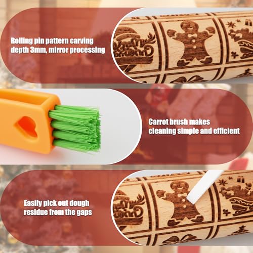 Wooden Rolling Pin for Baking with Christmas Embossed Designs, Includes Cleaning Brush O863