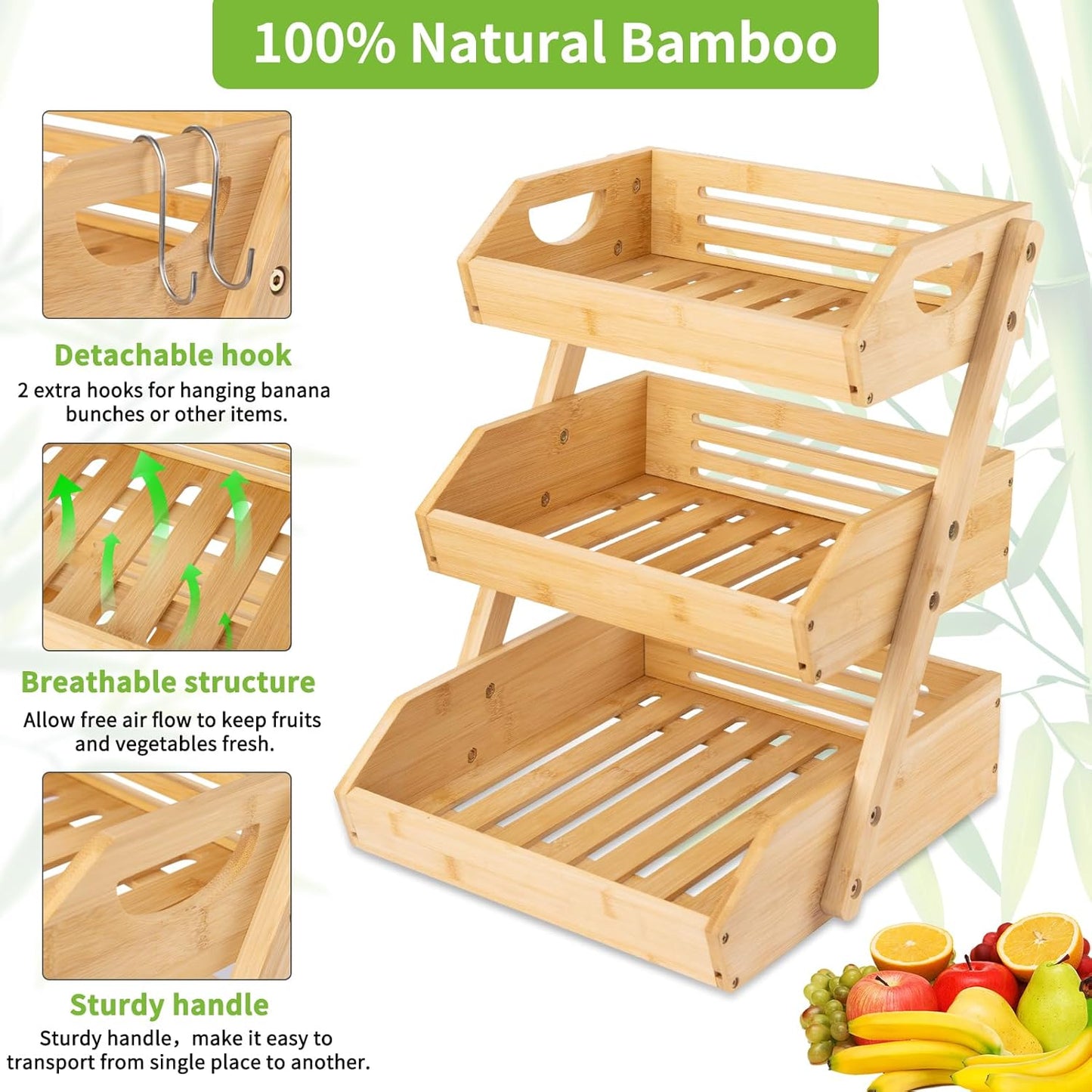 Bamboo 3-Tier Fruit Basket with Banana Hook X626