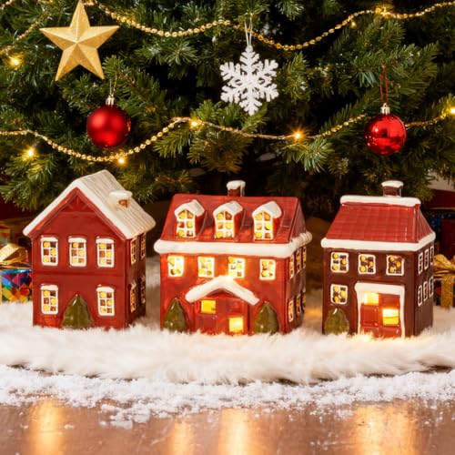 Ceramic Christmas Village Houses, Set of 3 Lighted, Hand Painted Indoor Decor C322437