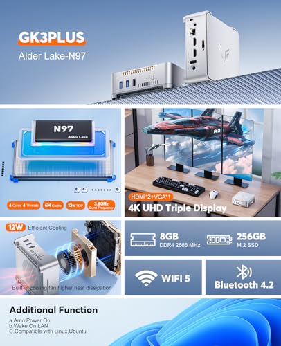 Mini PC, 12th Alder Lake N97 CPU, 8GB RAM 256GB SSD, Gigabit Ethernet, 4K UHD, WiFi5, VESA E573008