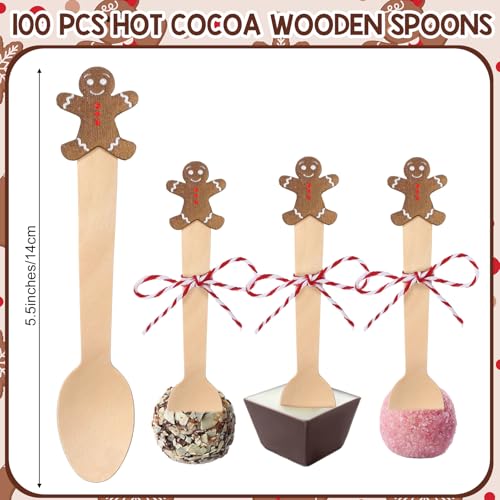 100 Set Christmas Wooden Spoons for Hot Cocoa, Chocolate, and Baking A7471