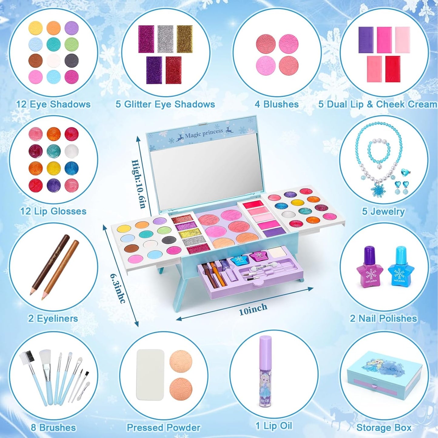 Frozen Makeup Set for Girls, 60pcs Pretend Play Cosmetics with Nail Polish & Jewelry T729824