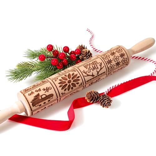 Wooden Rolling Pin for Baking with Christmas Embossed Designs, Includes Cleaning Brush O863