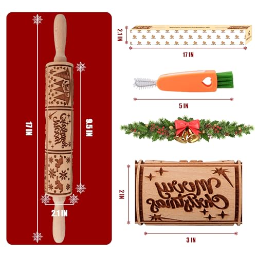 Wooden Rolling Pin for Baking with Christmas Embossed Designs, Includes Cleaning Brush O863