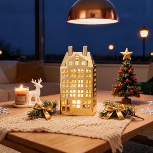 Light Up Christmas Village Set, White Ceramic House with Lights, Tabletop Decor X84474