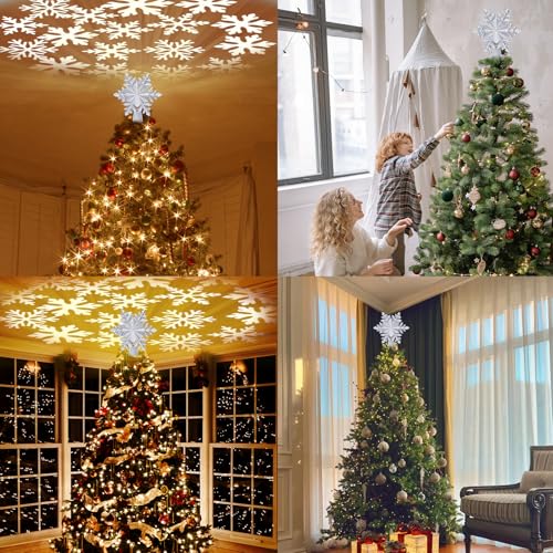 Silver 3D Glitter Christmas Tree Topper with LED Rotating Lights Q176