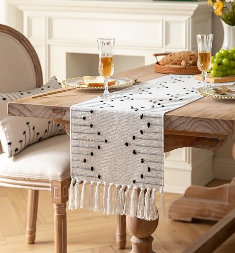 Christmas Table Runner 13 x 90 Inch Natural Cotton Woven with Tassels, Red and Beige U800