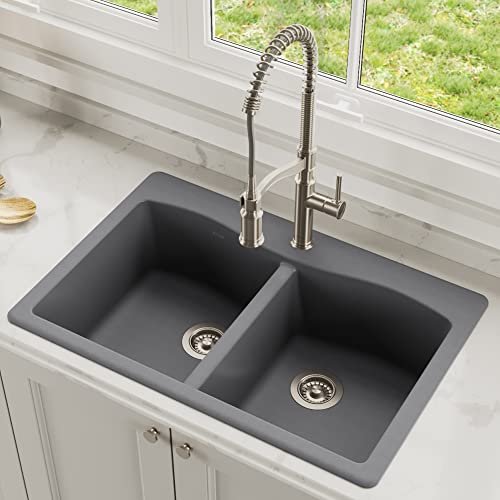 33" Dual Mount Single Bowl Granite Kitchen Sink in Black I558