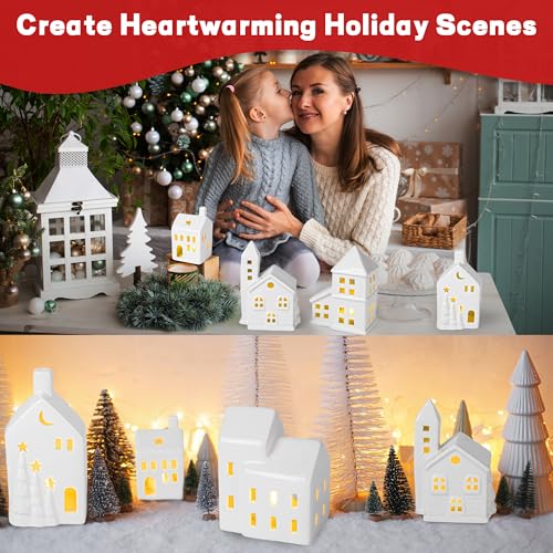 37 Pieces Porcelain Christmas Village Set with 6 Lighted Ceramic Houses and Remote Control LED Tealights B4638