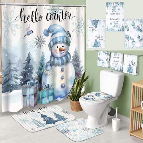 7 Pcs Christmas Shower Curtain Set with Non Slip Rugs, Toilet Cover and Towels U40957