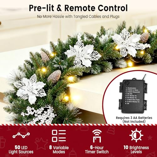 9ft Pre-Lit Christmas Garland with Pine Cones, Berries & Multicolor LED Lights B607
