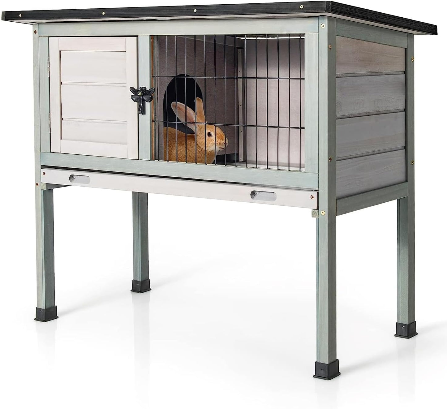 Rabbit Hutch Indoor, Outdoor Rabbit Cage, Elevated Wooden Pet House Bunny Hutches Chicken Coop with Openable Asphalt Roof and Pull-Out Tray for Rabbits, Guinea Pigs, Small Animals