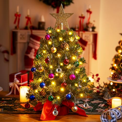 24" Mini Christmas Tree Tabletop Set with LED Lights and Ornaments V8406