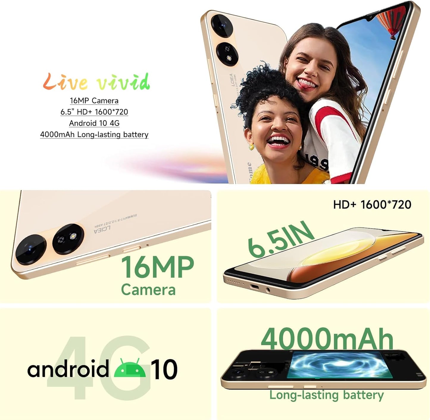 Unlocked 4G LTE Smartphone 6.5" HD+ Screen Dual SIM 4000mAh G1310