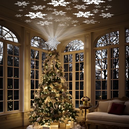 Christmas Tree Topper Lighted with 6 Projection Slides, Snowflake LED Rotating 3D Glitter Tree Topper O28849