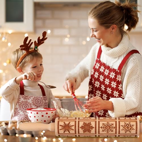 Wooden Rolling Pin for Baking with Christmas Embossed Designs, Includes Cleaning Brush O863