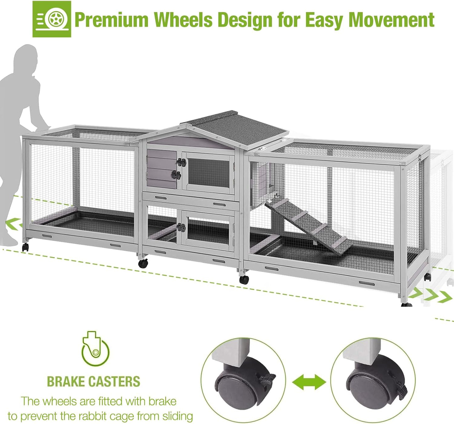 Large Rabbit Hutch Indoor Outdoor with Wheels and Pull Out Trays W3742